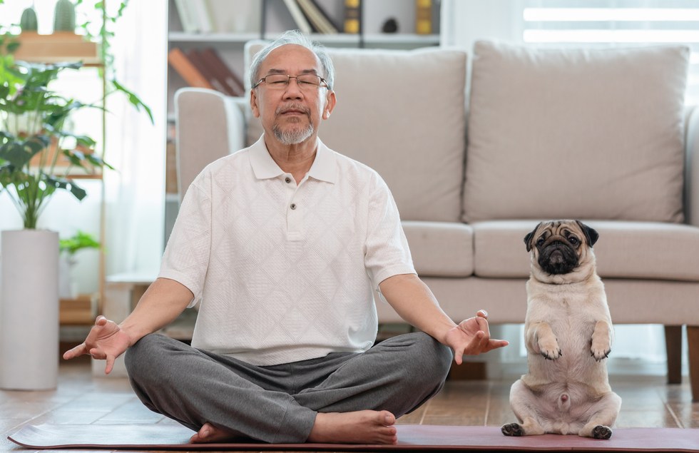 Man and dog doing yoga